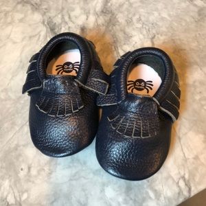 Navy leather moccasins 0-6 months